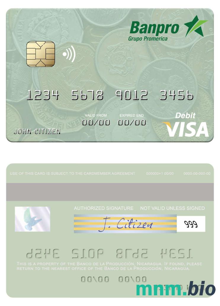 Nicaragua Banco de la Producción visa debet karta przykład w formacie PSD